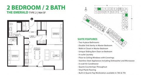 Floor plan for 2 beds, 2 baths, 964 sqft